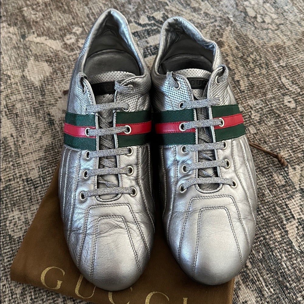 Gucci mens trainers 170576 silver web low top 10G - Picture 2 of 9